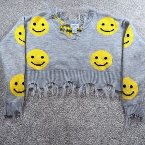 Just Polly Gray Smiley Face Distressed Cropped V-Neck Sweater Large‎